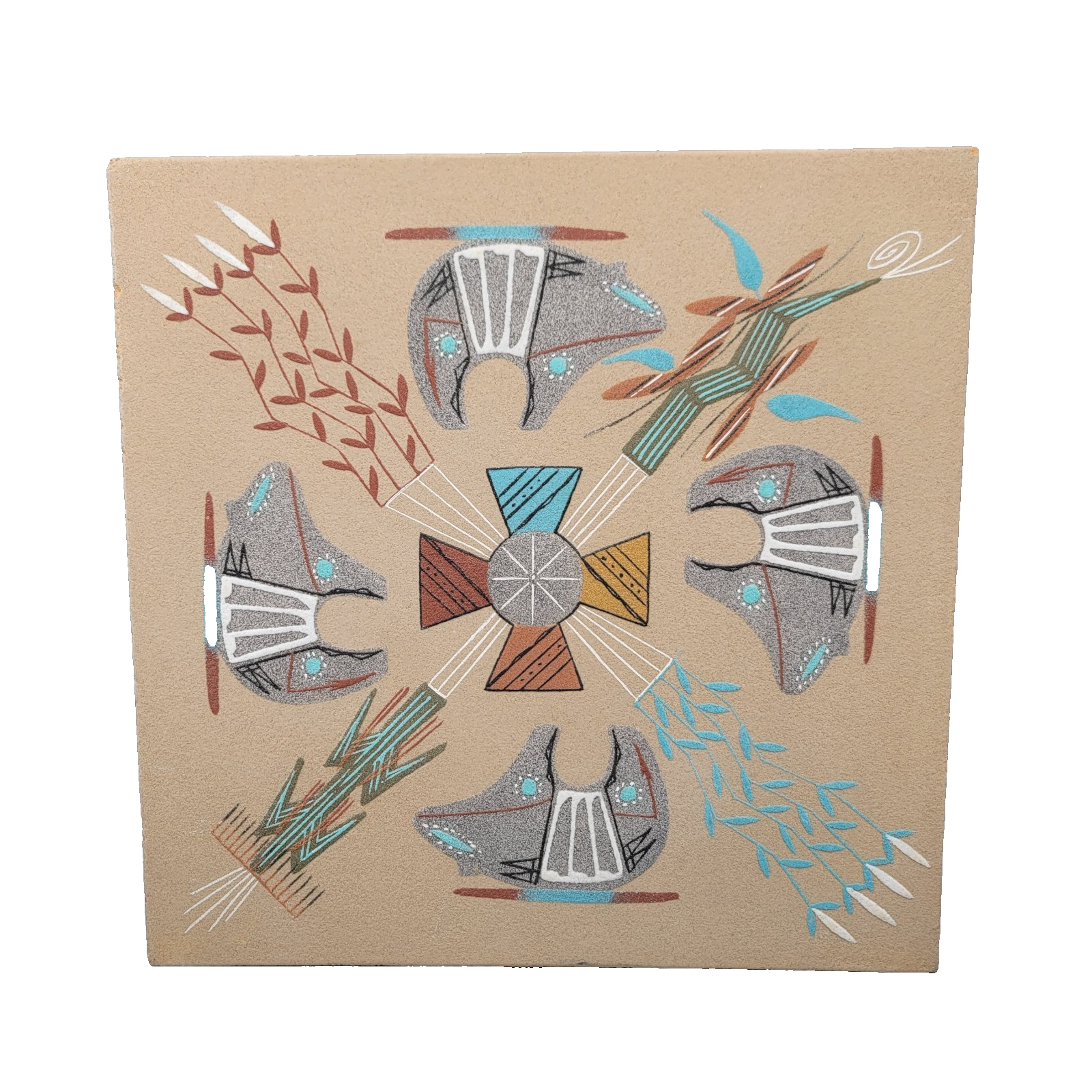 Navajo Sand Painting Signed Tim Smith Studio 13" Square 4 Bears