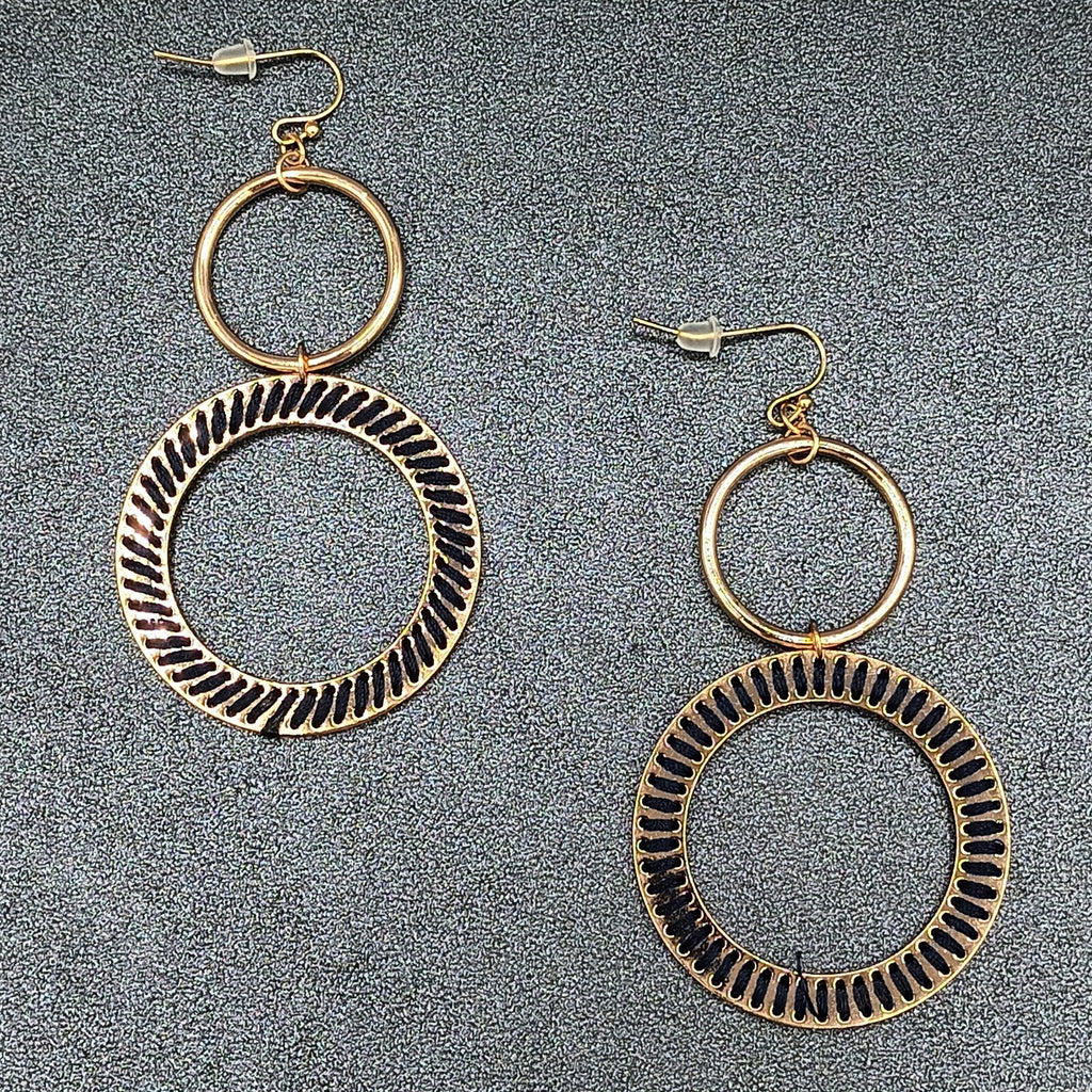 Pierced Earrings Gold tone Dangle Hoops Blue String Accents 2.75"