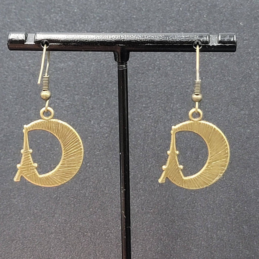 Crescent Moon Eiffel Tower Pierced Earrings Dangle Bronze tone New 7/8"