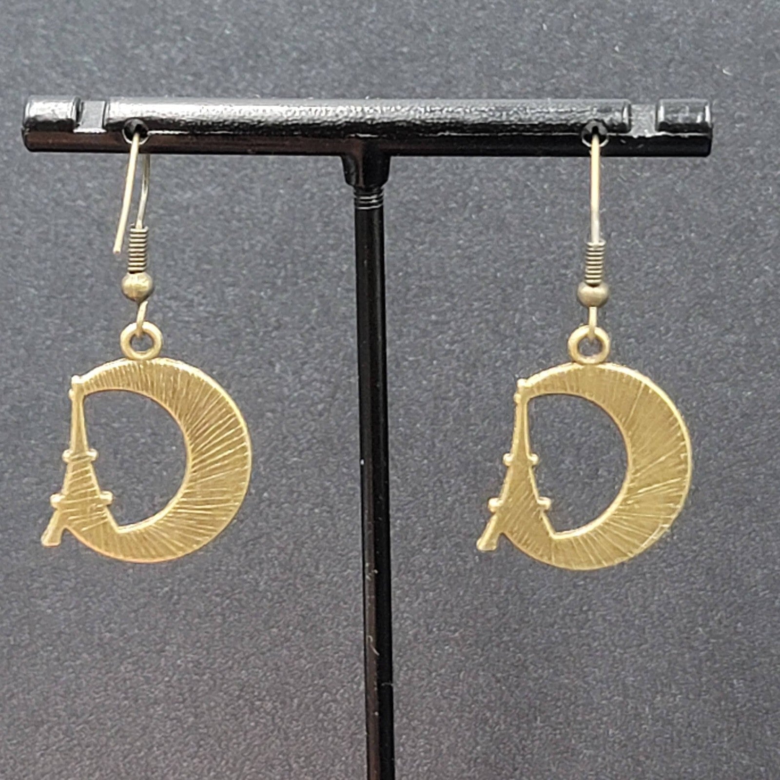 Crescent Moon Eiffel Tower Pierced Earrings Dangle Bronze tone New 7/8"