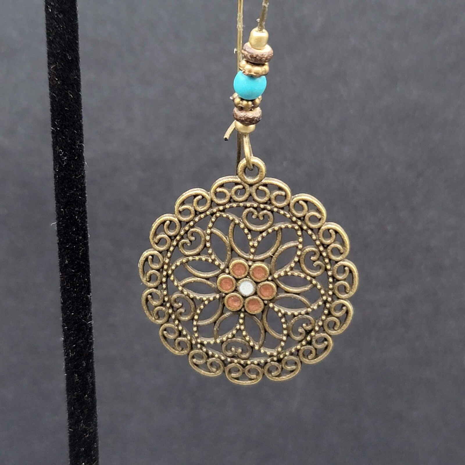 New Boho Pierced Earrings Antiqued Gold tone Blue Beas Enamel Mandala 2.75"