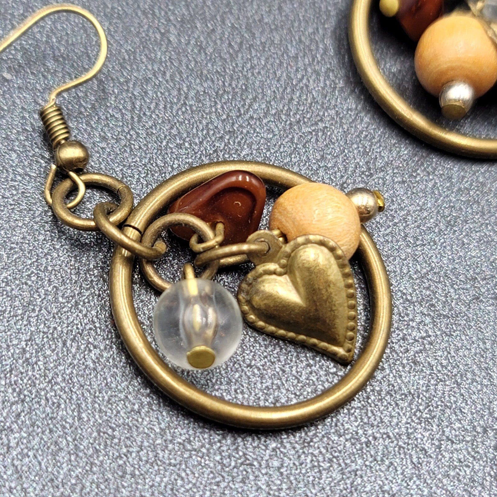 Pierced Earrings Bronze tone Heart Beaded Dangle 1"