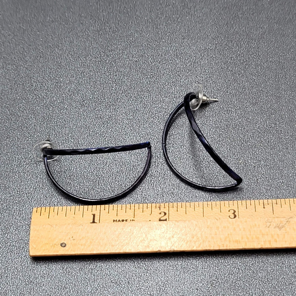 Vintage Pierced Earrings Navy Blue Enamel Open Half Hoops 1.75"