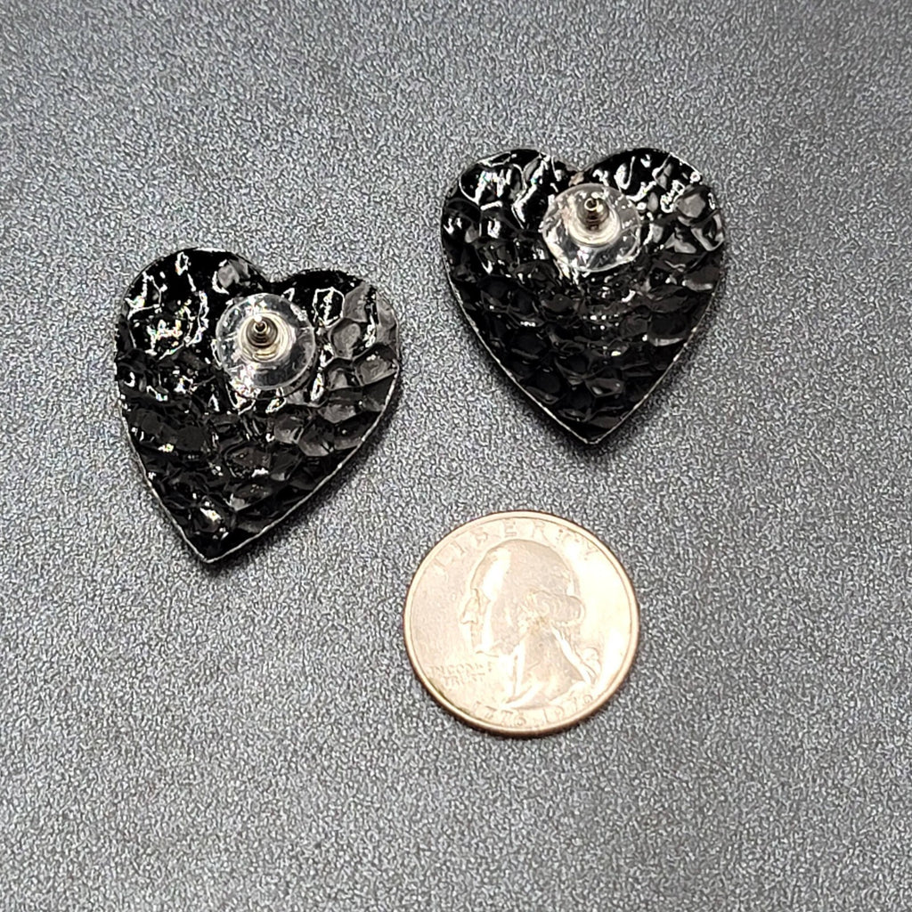 Vintage Heart Pierced Earrings Black Enamel Hammered Metal 1 3/8"