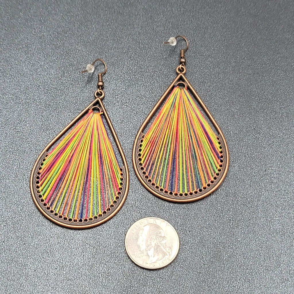 New Boho Pierced Earrings Copper tone Rainbow Threaded Dangle Teardrop 2.75"