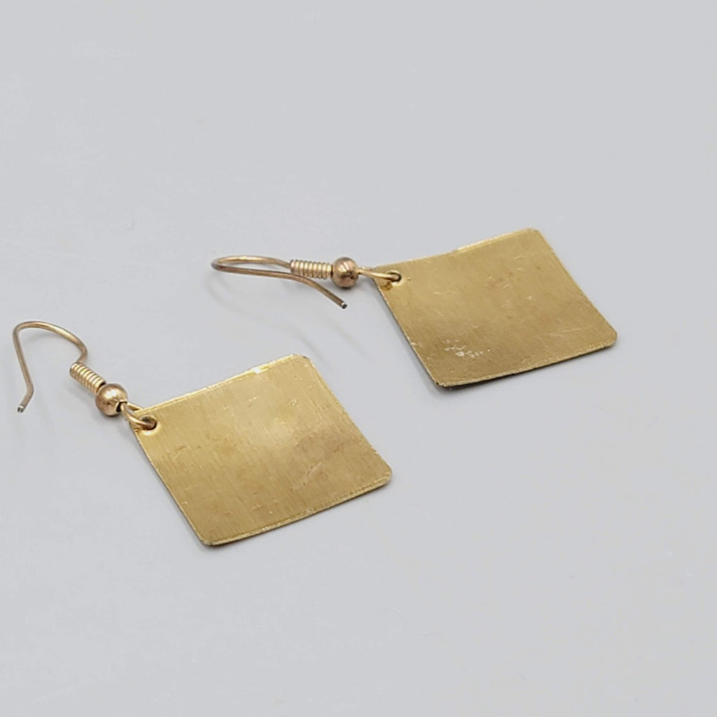 Pierced Earrings Gold tone Black Flower Motif Square Dangle 1"