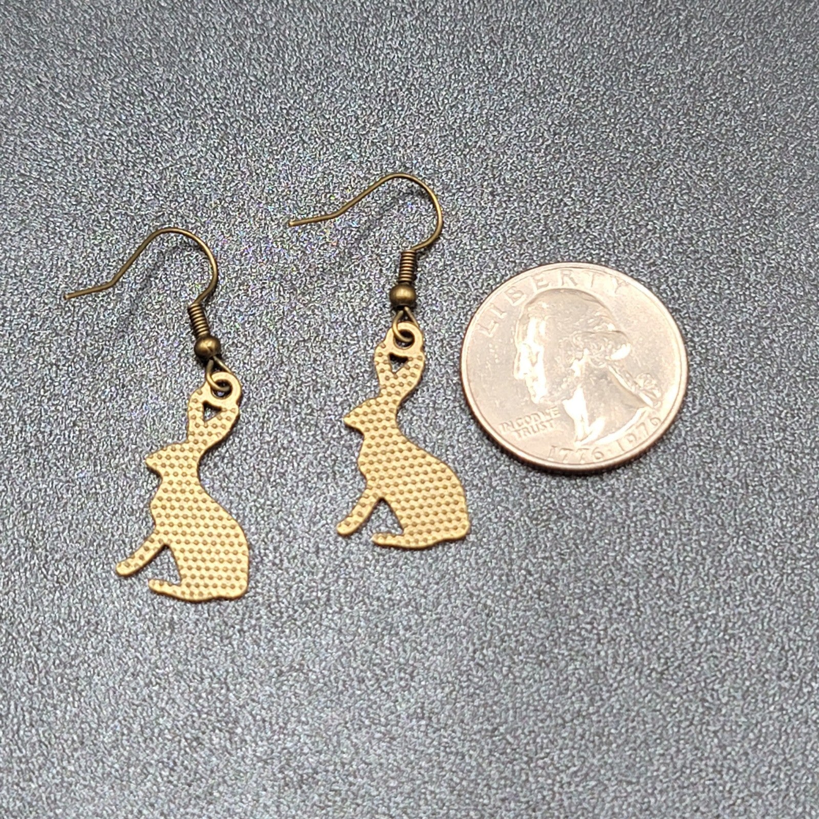 New BUNNY RABBIT Pierced Earrings Bronze tone Dangle Embossed 1"