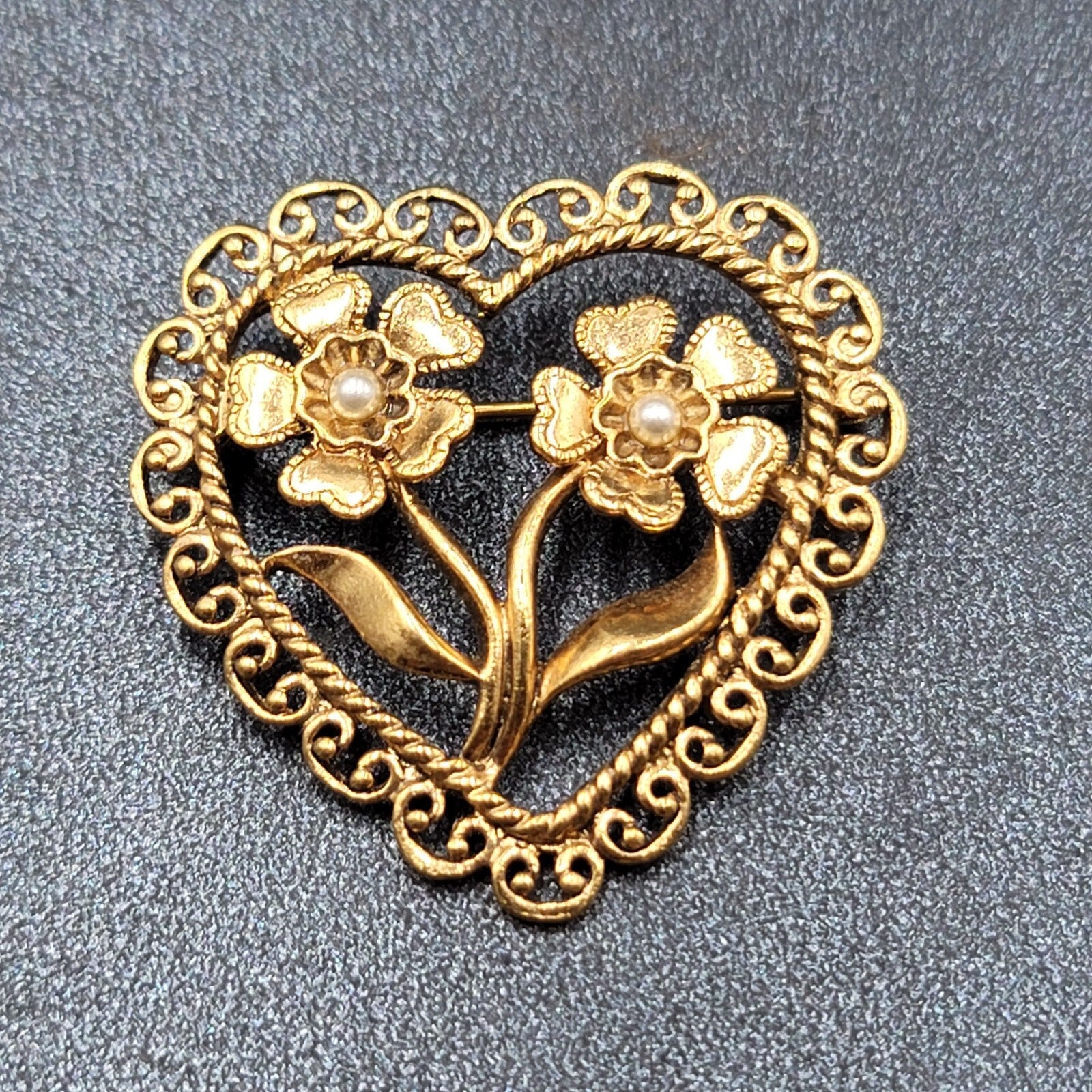 Vintage Brooch Heart Two Flowers Seed Imitation Pearls Open Work 1.5"