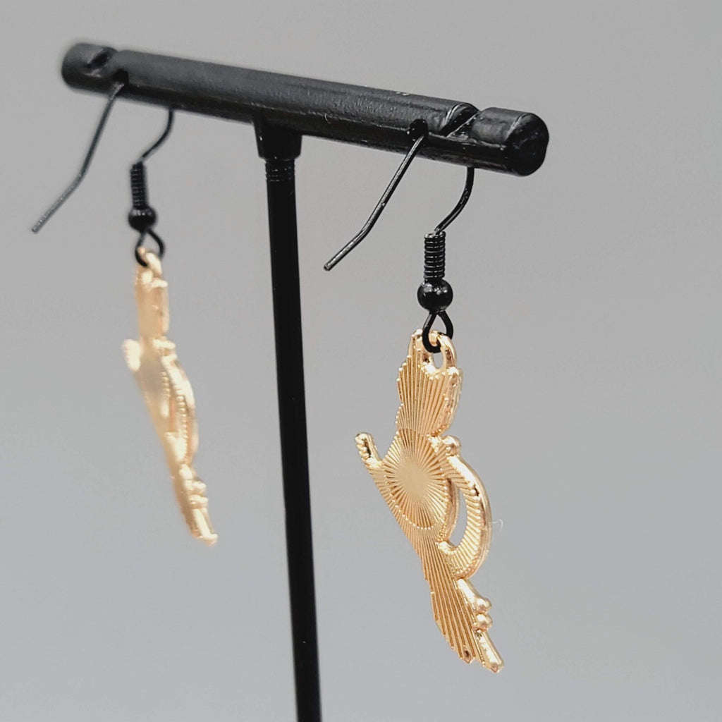 Black Cat Riding Broom Pierced Earrings Enamel Gold tone Dangle New 1"