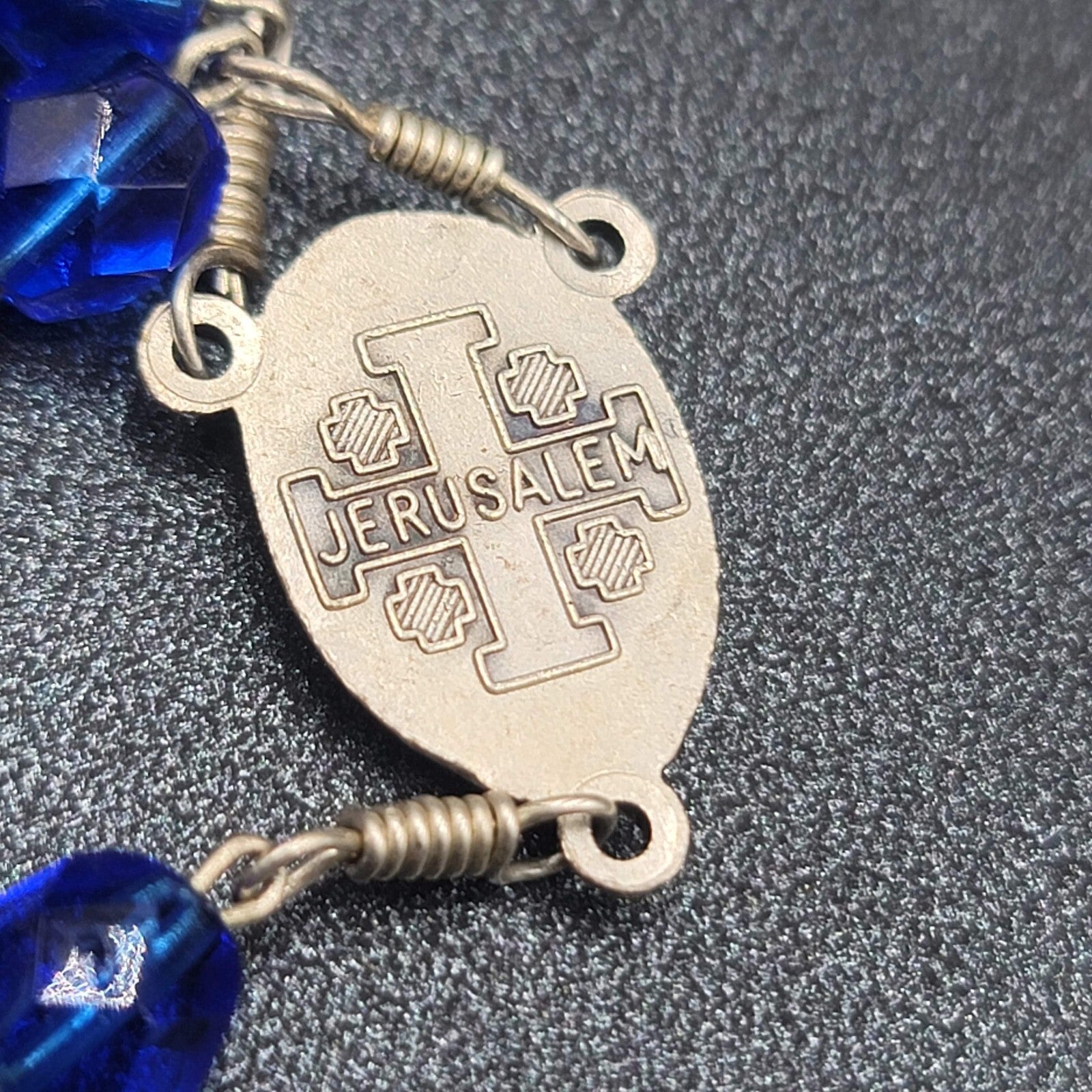 Blue Faceted Bead Catholic Rosary Crucifix Silver tone