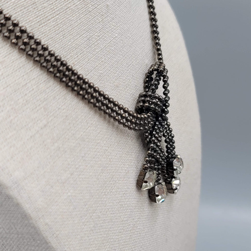 FALLON Designer Statement Necklace Black Bead Chain Square Rhinestone 15"