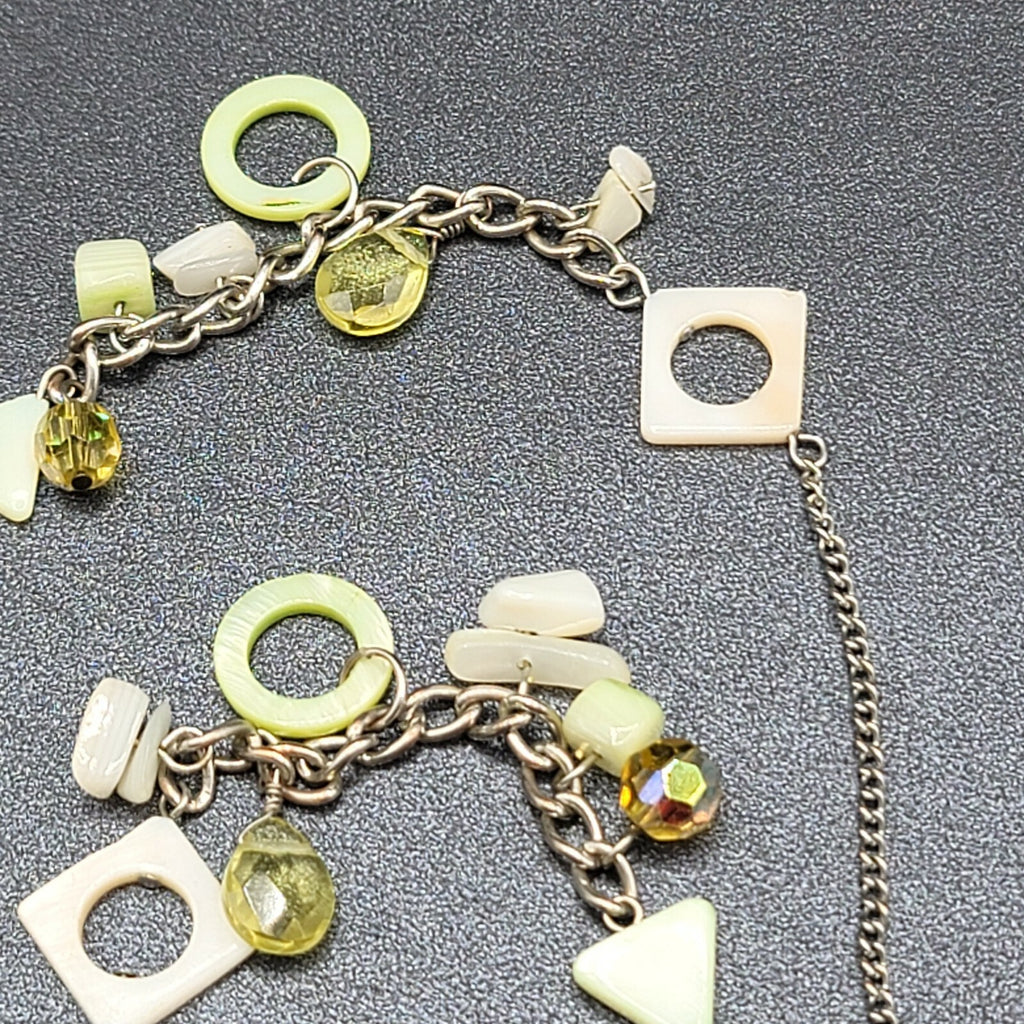 Green Shell Necklace Bohemian Boho Silver tone Crystal Faceted Bead 40"