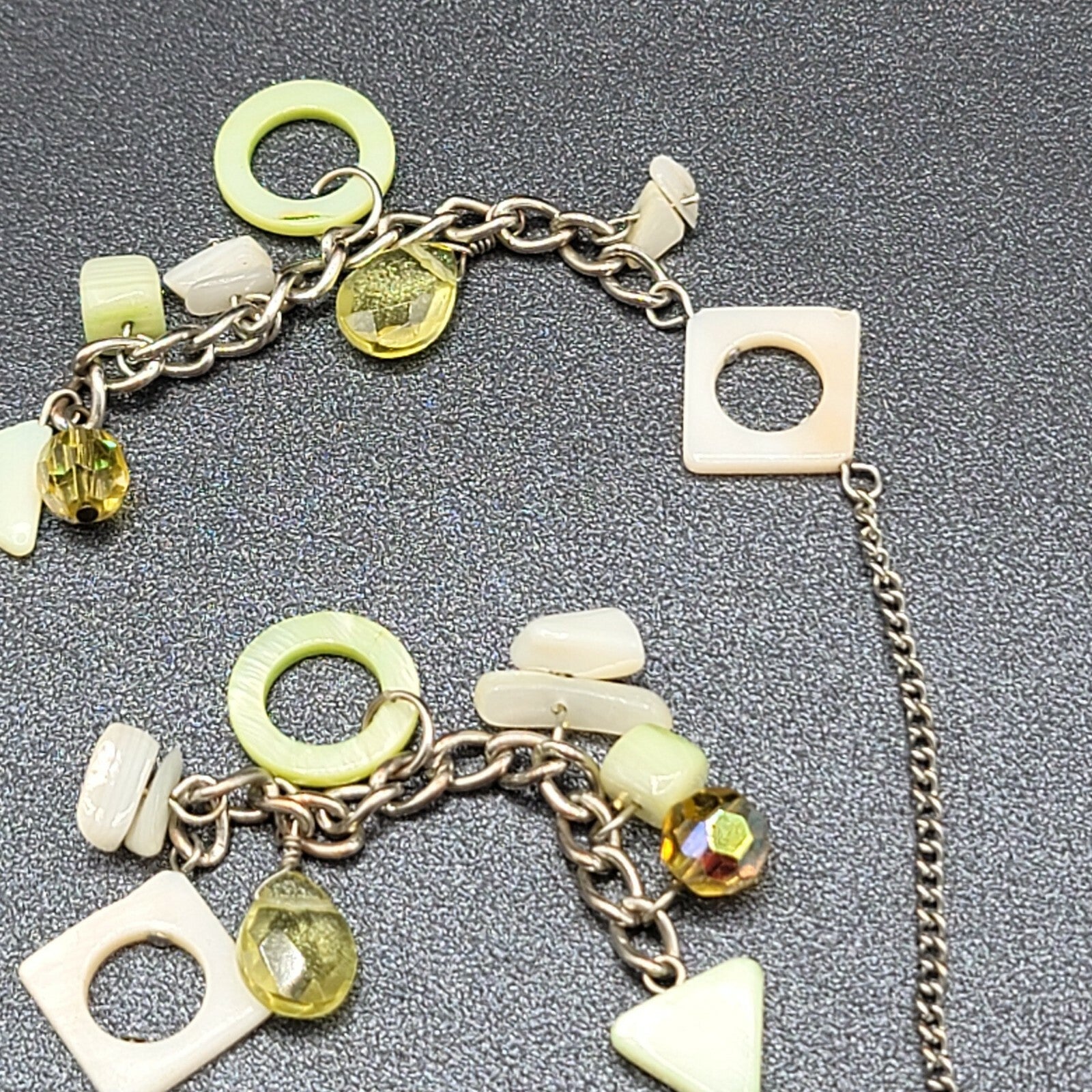 Green Shell Necklace Bohemian Boho Silver tone Crystal Faceted Bead 40"