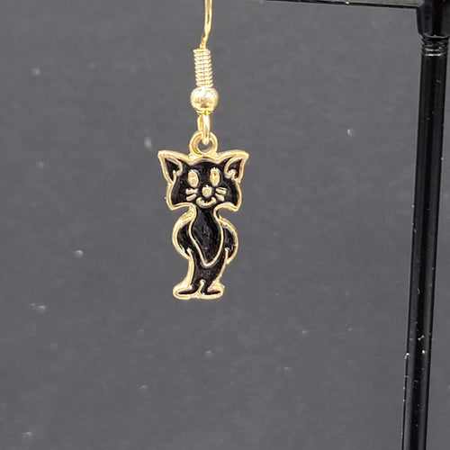 Cat Pierced Earrings Gold tone Black Enamel Dangle 3/4"