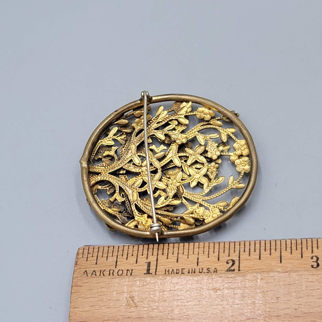 Vintage Antique Filigree Flower Brooch Gold tone 2.25 in
