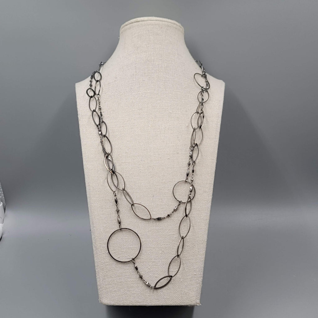 Long Thin Geometric Chain Necklace Gunmetal  Gray Black Metal 52"