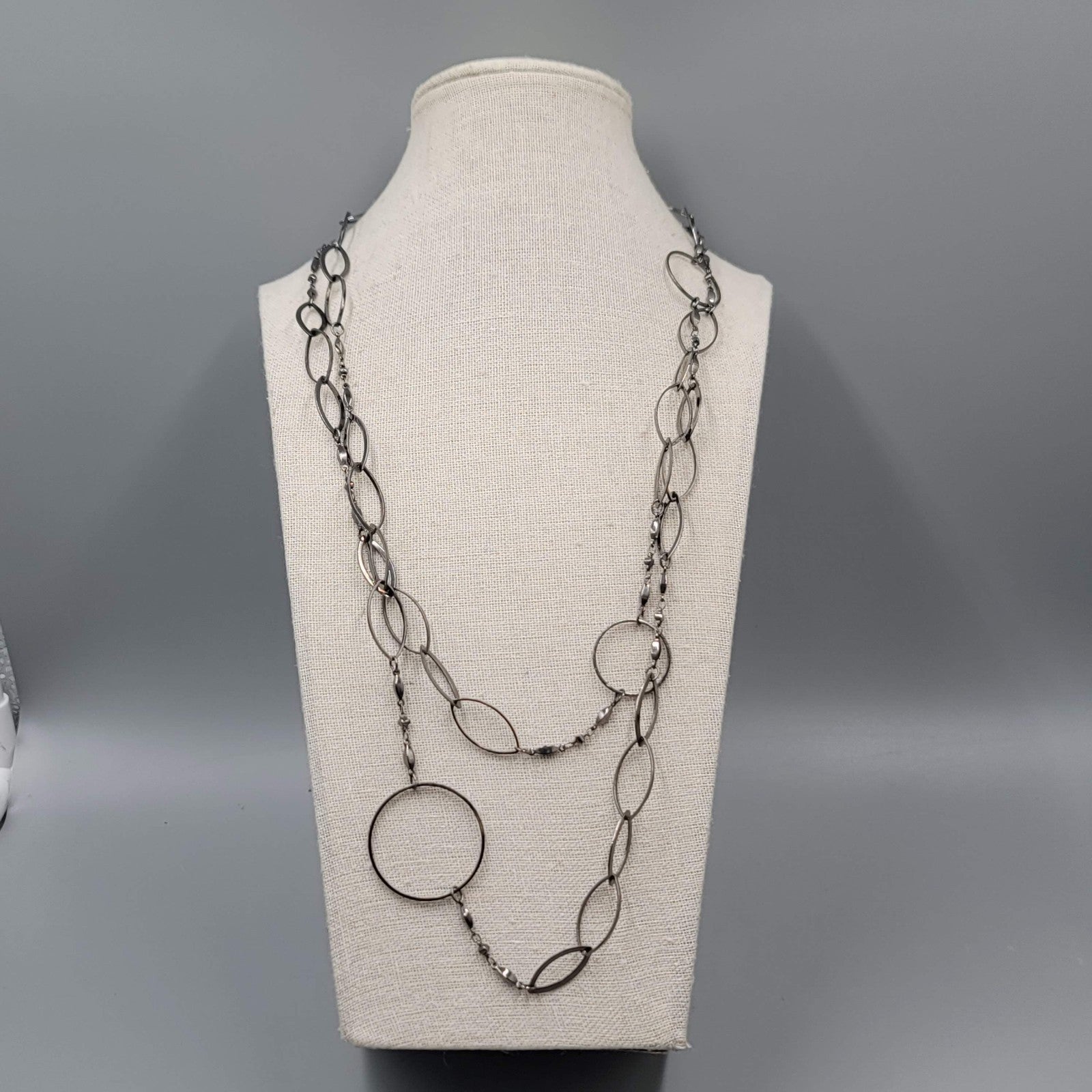 Long Thin Geometric Chain Necklace Gunmetal  Gray Black Metal 52"