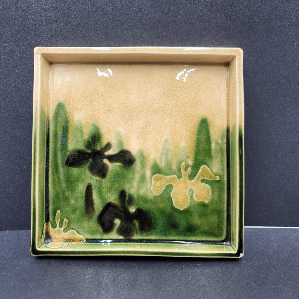 Art Pottery Plate Tray Square Asian Signed Green Yellow Crazing 7.5"x7.5"x0.75"