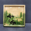 Art Pottery Plate Tray Square Asian Signed Green Yellow Crazing 7.5"x7.5"x0.75"