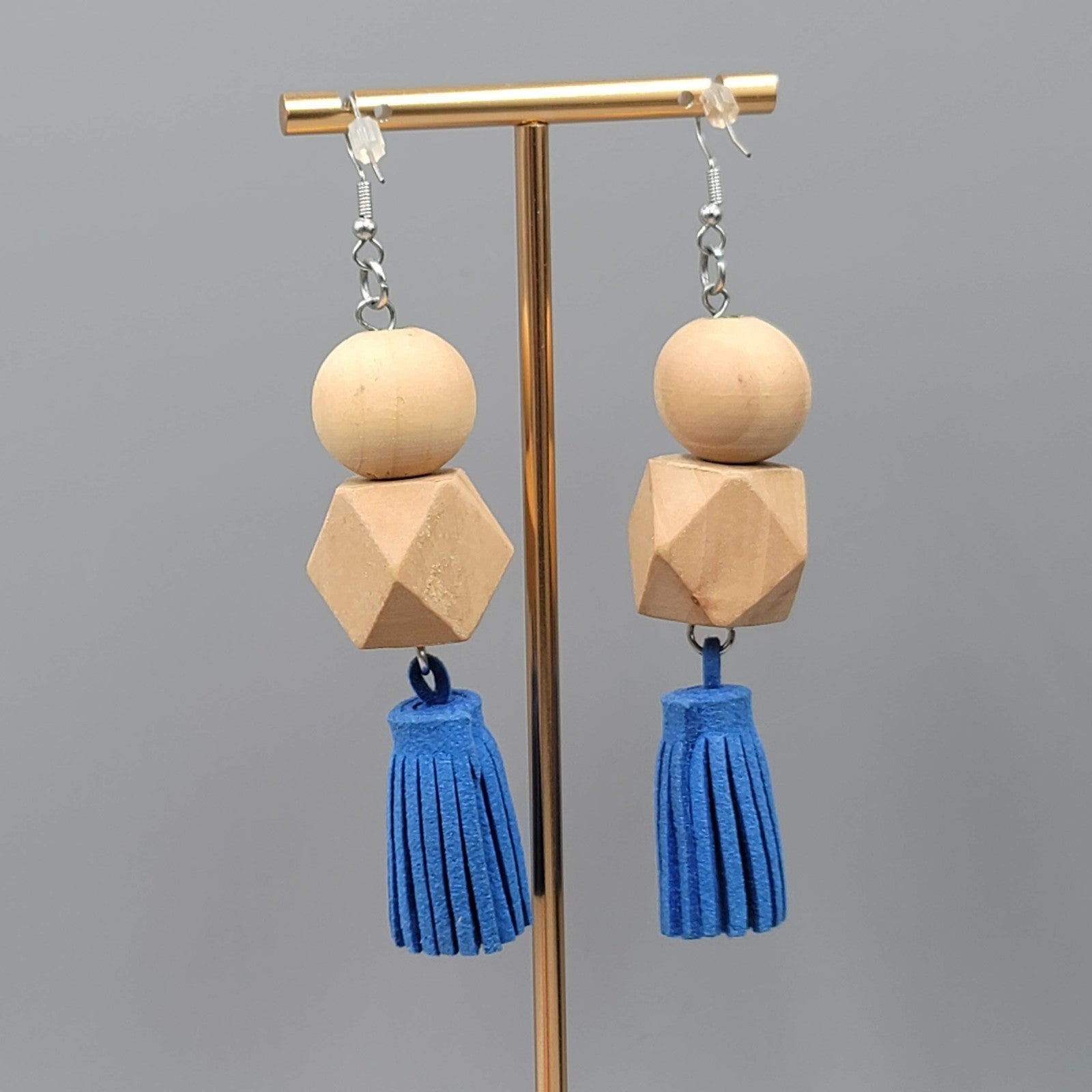 Statement Wood Bead Pierced Earrings Blue Tassel Boho Dangle Long Large 3.25"