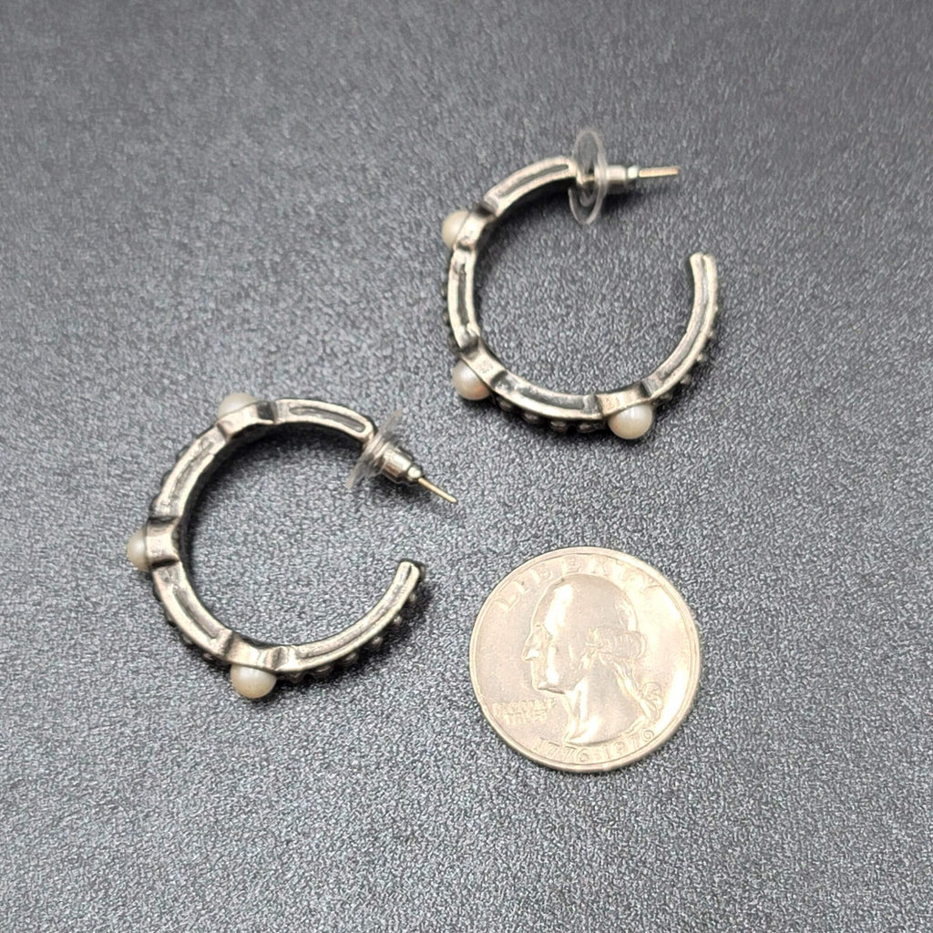 Pierced Earrings Silver tone Faux Pearl Hoops  1.25"