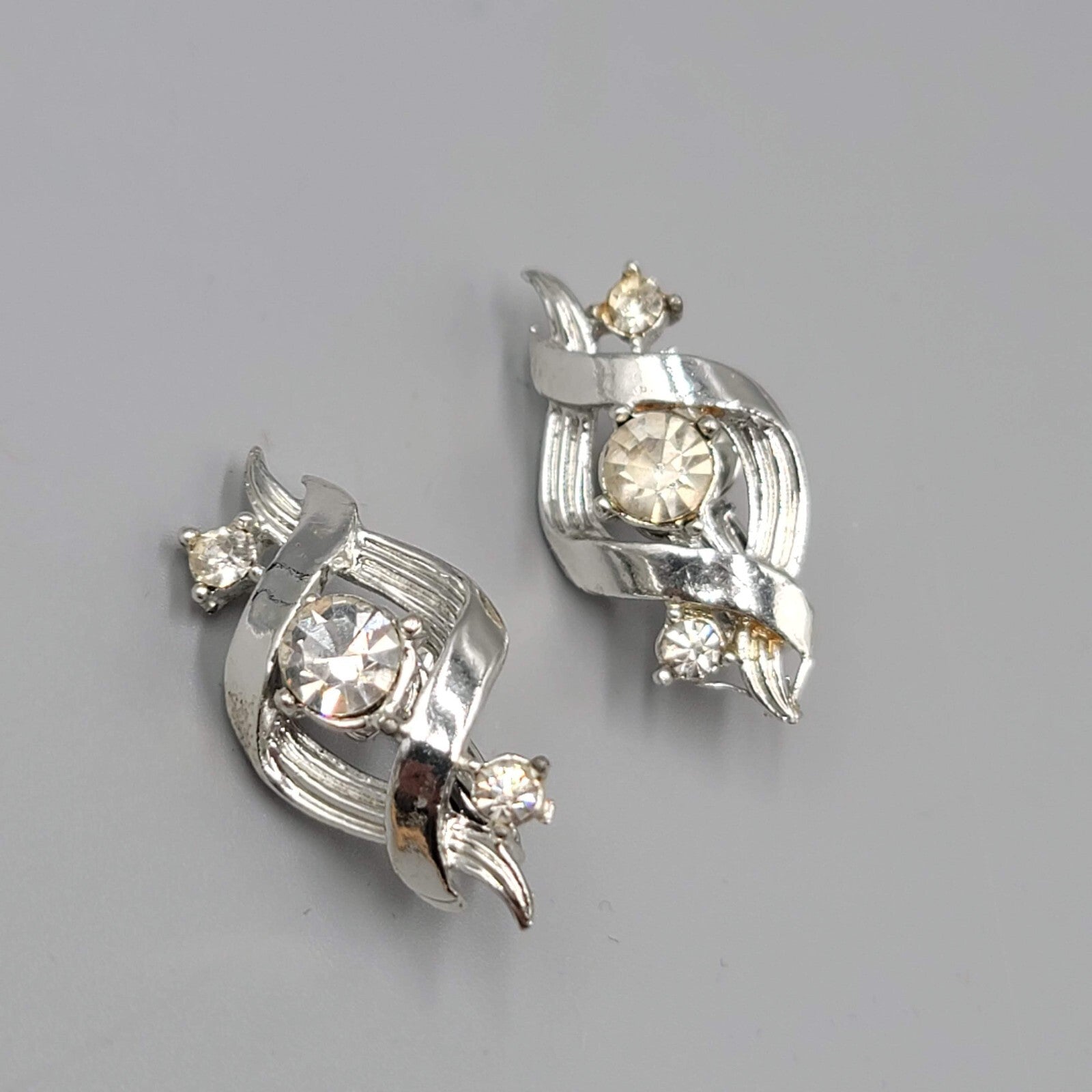 Vintage Clip on Earrings Silver tone Climber Rhinestone Twirl 1 1/8"