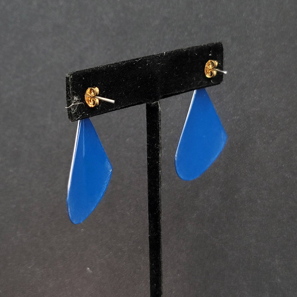 Vintage Pierced Earrings Blue White Enamel Triangle Dangle 1.5"