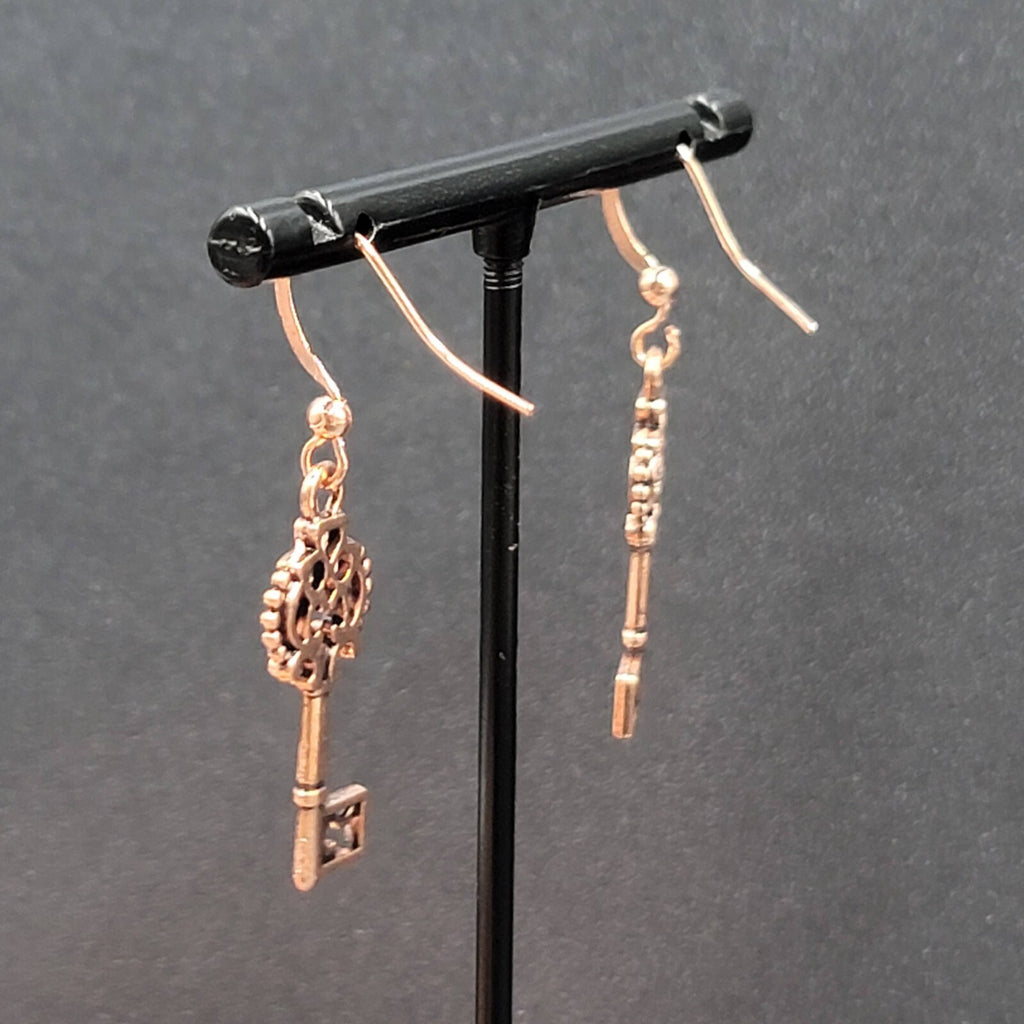 Skeleton Key Pierced Earrings Copper tone Dangle 1 1/8"