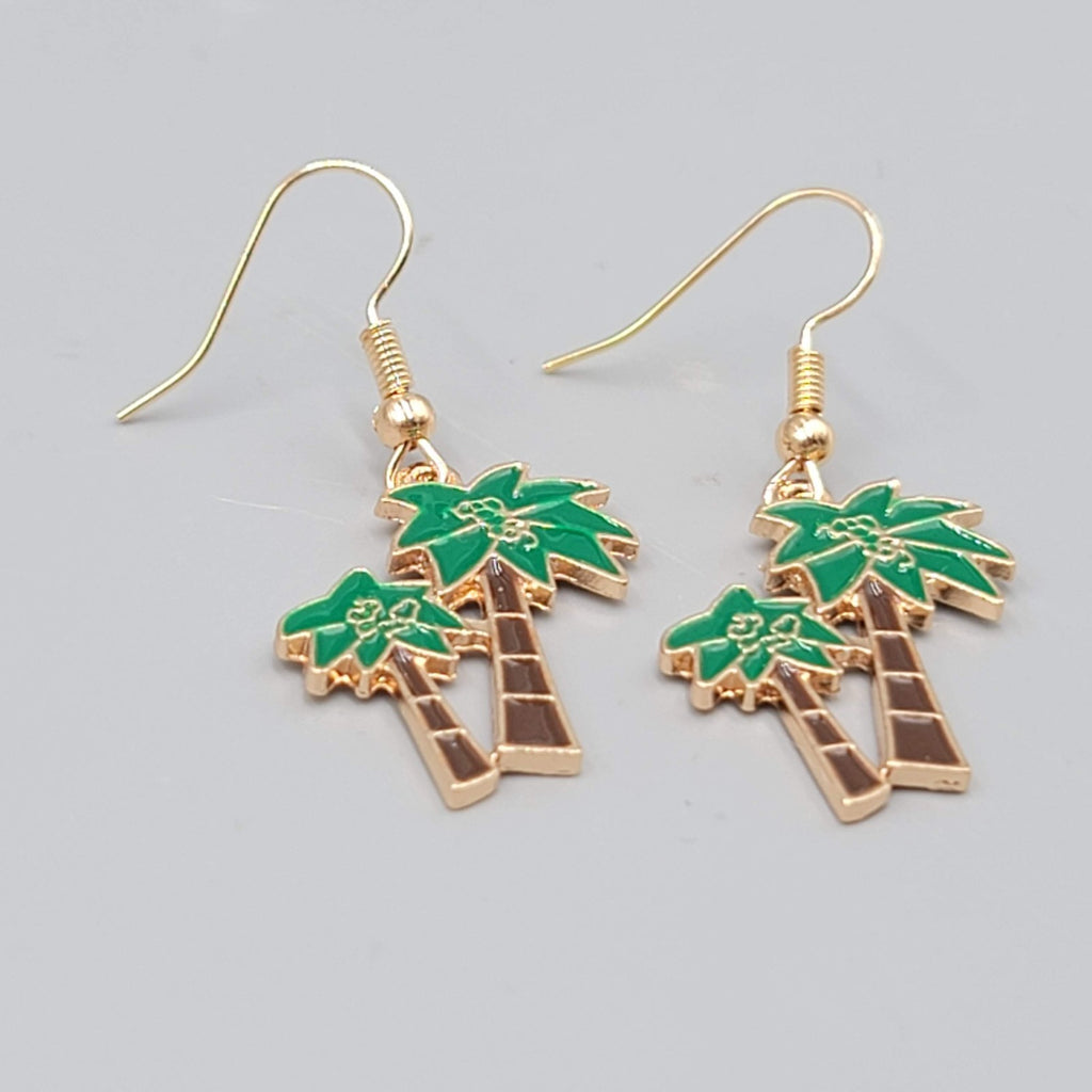 Enamel Double Palm Tree Pierced Earrings Gold tone Dangle 1"