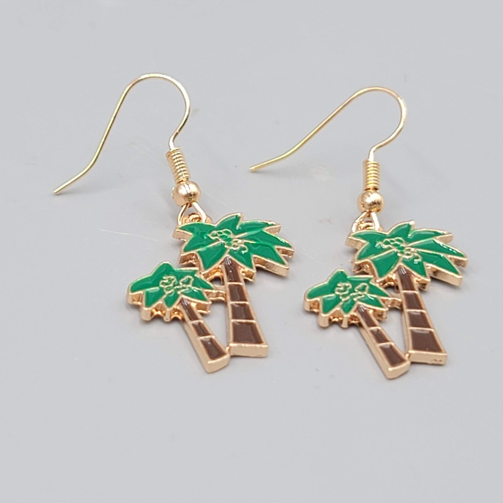 Enamel Double Palm Tree Pierced Earrings Gold tone Dangle 1"