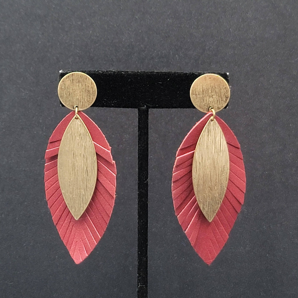 Pierced Earrings Gold tone Large Statement Red Fringe Dangle 2 7/8"