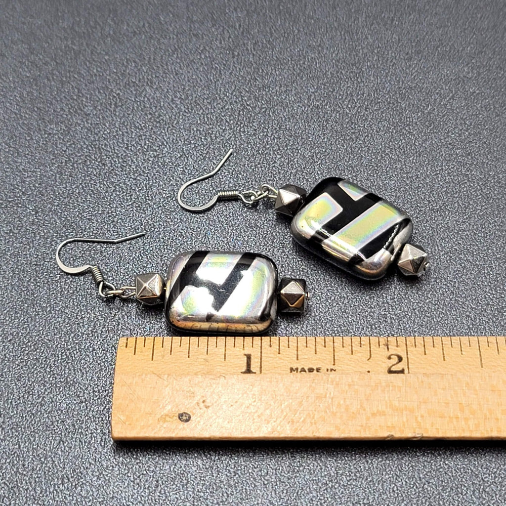 Pierced Earrings Unique Art Glass Beads Iridescent Rectangles 1 3/8"