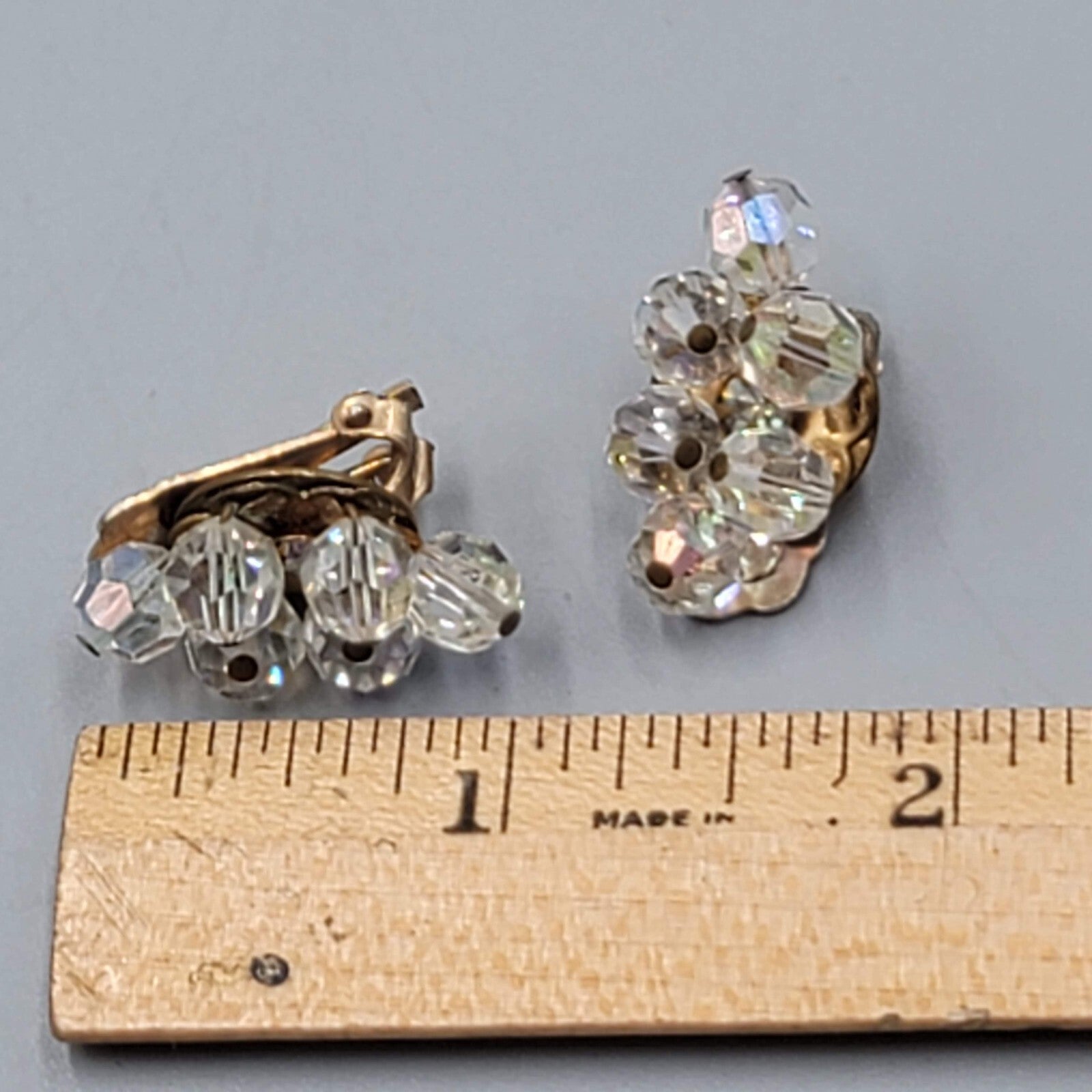 Vintage AB Bead Clip on Earrings Aurora Borealis Gold tone 1"