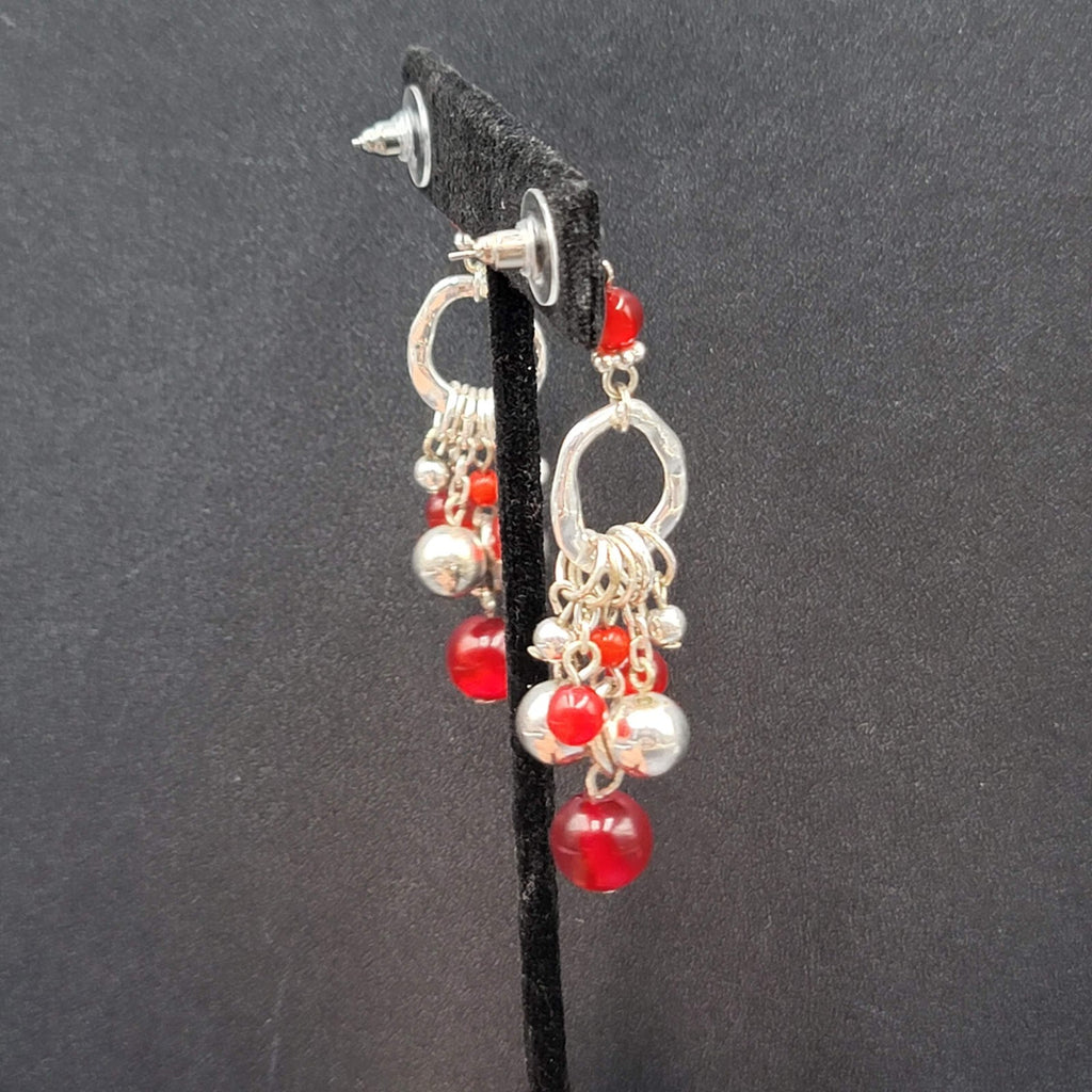 Pierced Earrings Silver tone Moonglow Red Beads Dangle 2.5"