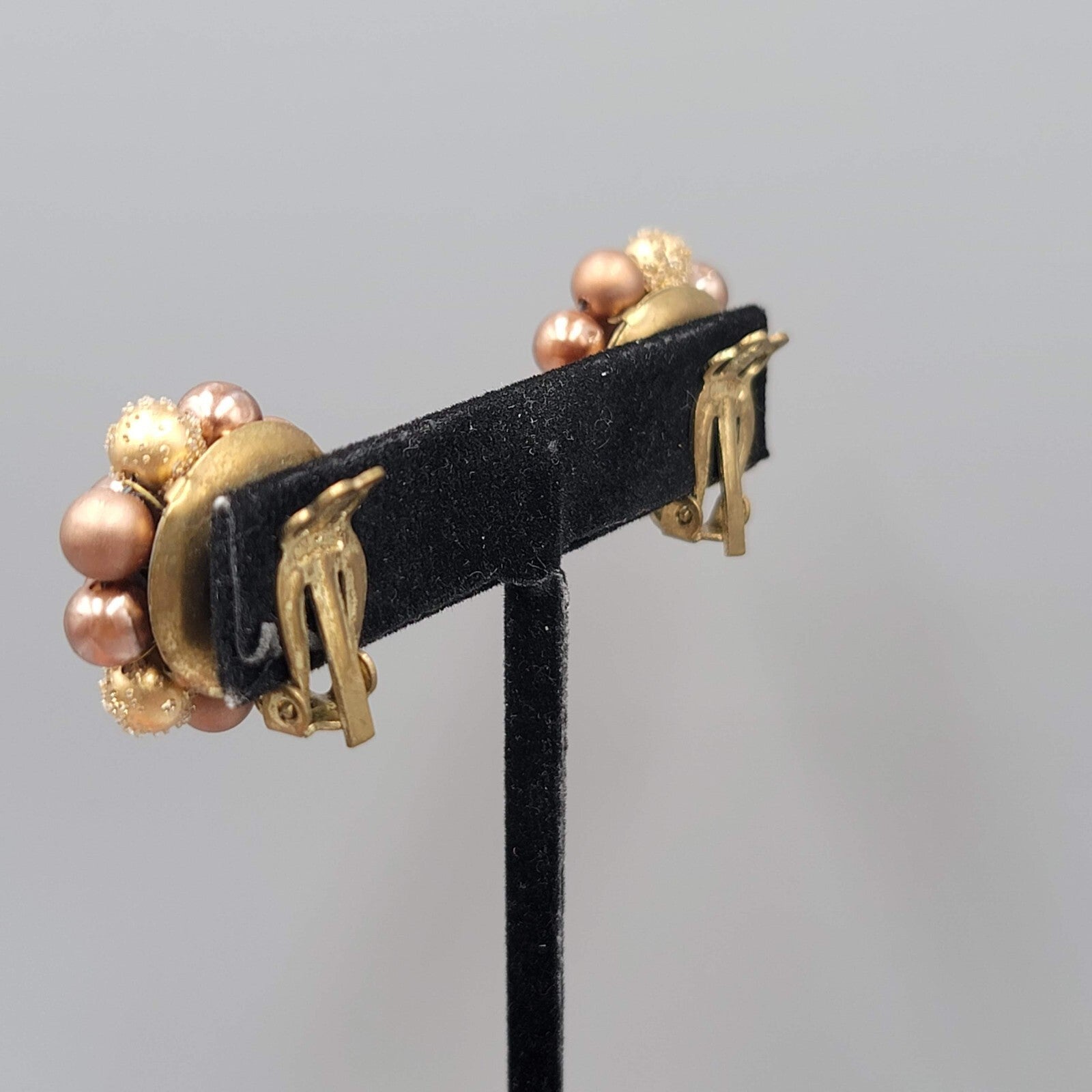 Vintage Japan Clip on Earrings Brown Cluster Bead Gold tone 7/8"