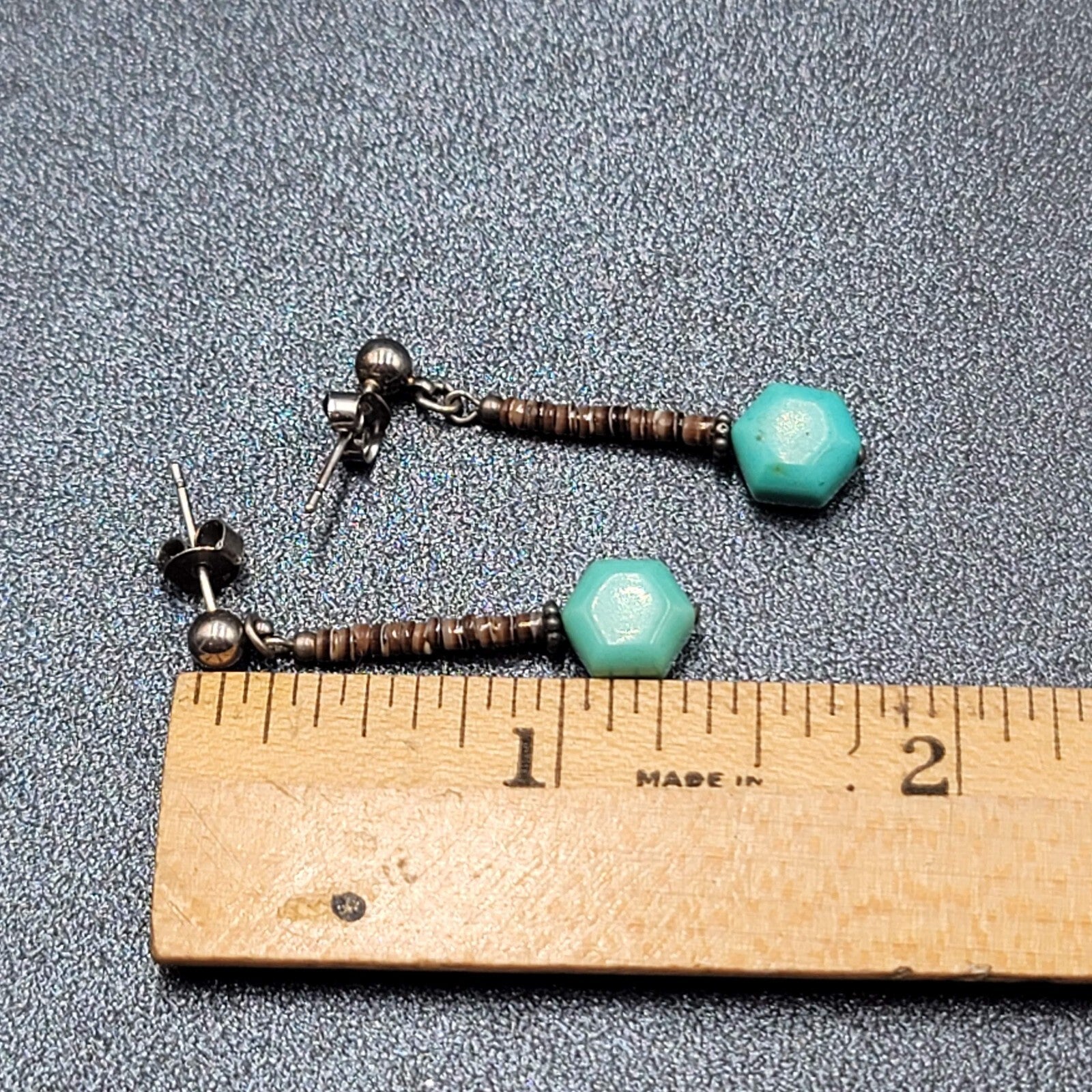 Pierced Earrings Heishi Shell Turquoise Bead Dangle 1.25"