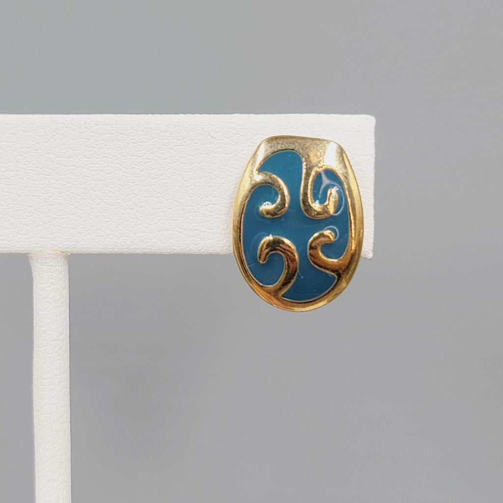 Stud Pierced Earrings Gold tone Blue Enamel Swirl 5/8"