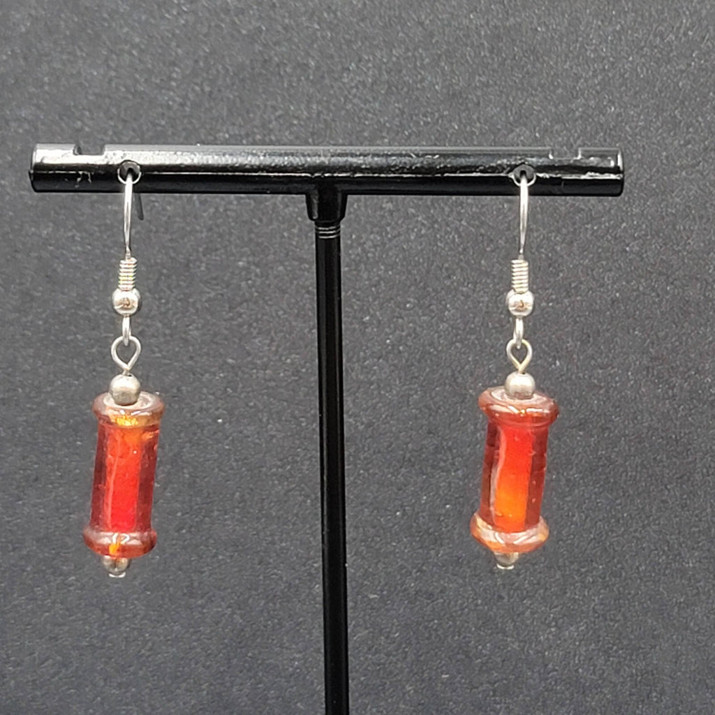 Pierced Earrings Red Cylinder Glass Bead Silver tone Dangle 1"