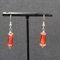 Pierced Earrings Red Cylinder Glass Bead Silver tone Dangle 1"