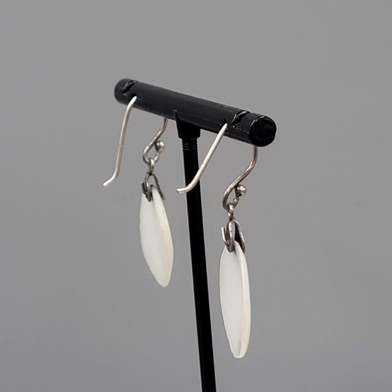Sterling Silver Pierced Earrings Round Mother of Pearl Dangle 7/8"