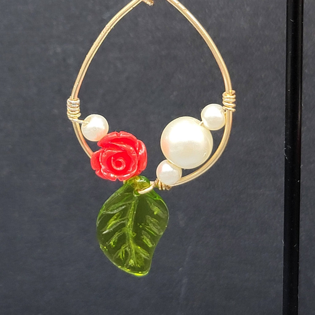Pierced Earrings Gold tone Rose Leaf White Beads Dangle 2"