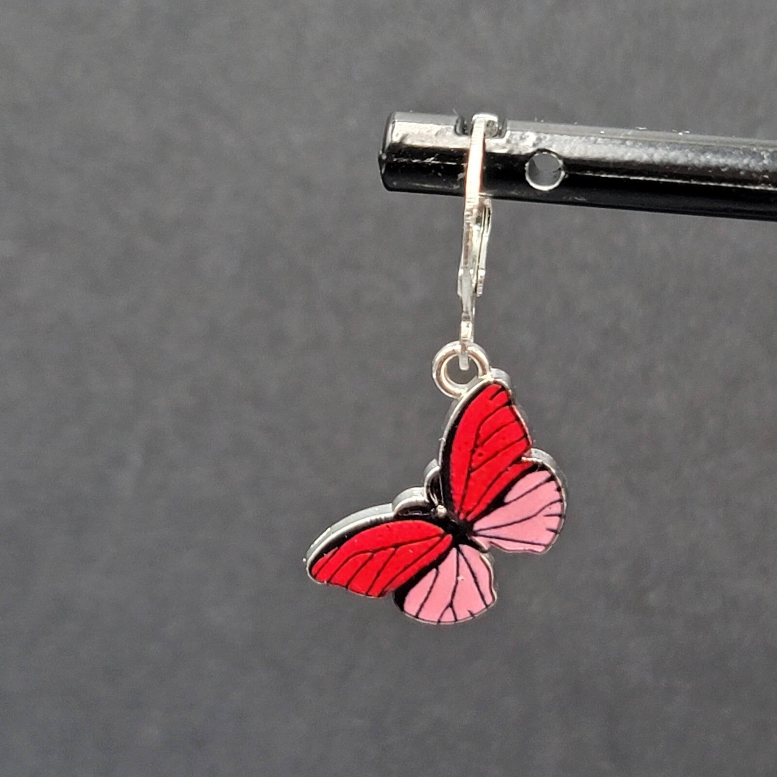 Pierced Earrings Silver tone Pink Butterfly Dangle 3/4"