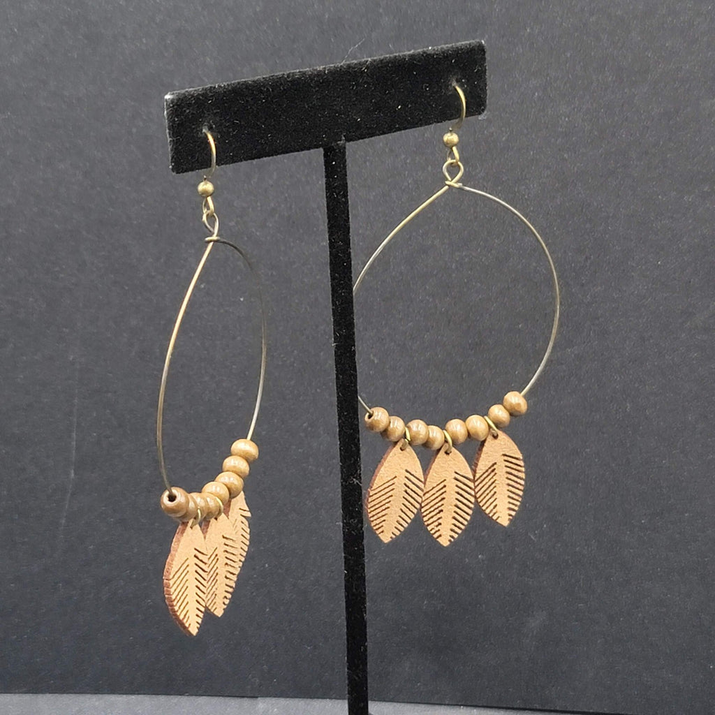 New Boho Pierced Earrings Bronze tone Faux Leather Leaves Wood Bead Hoops 3.25"