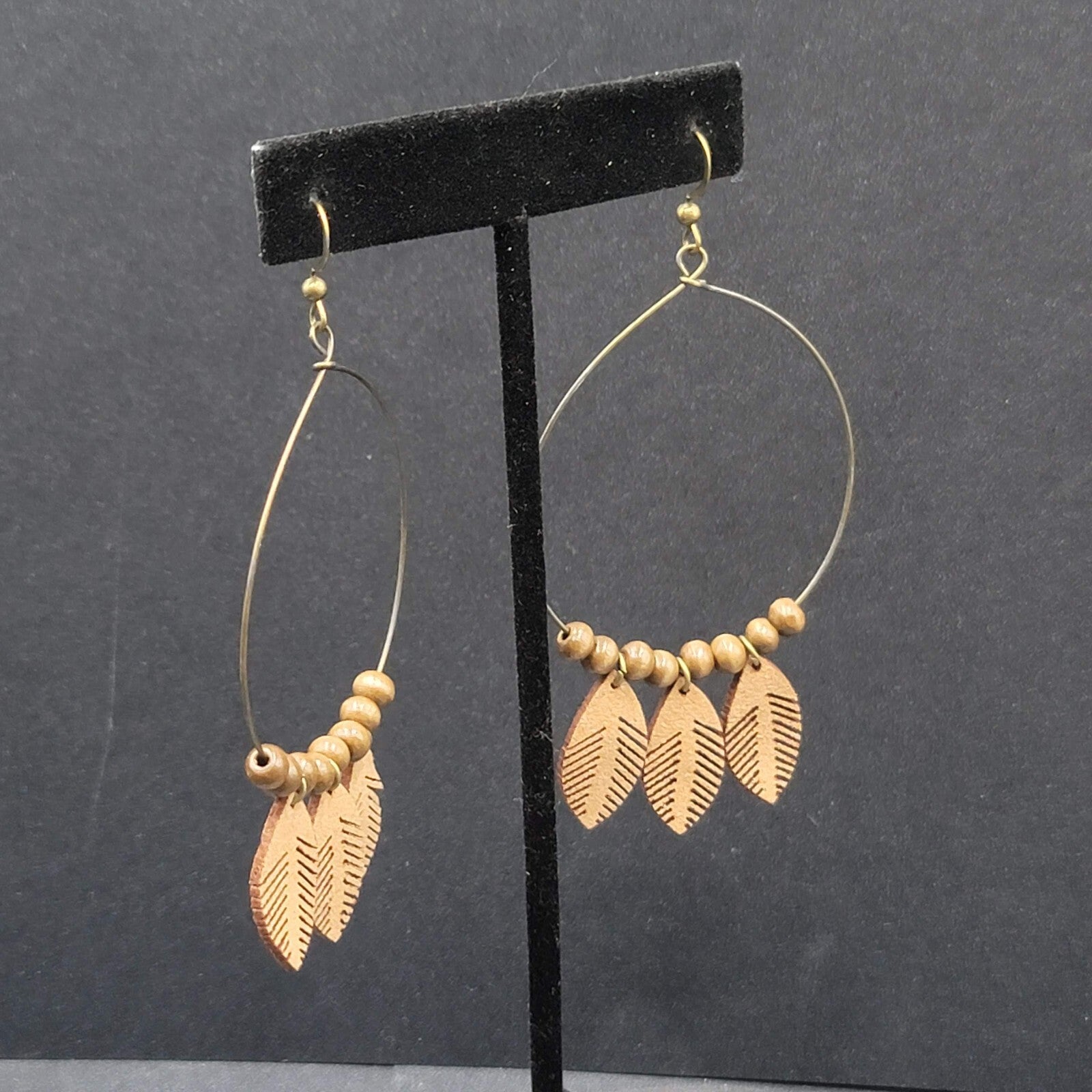 New Boho Pierced Earrings Bronze tone Faux Leather Leaves Wood Bead Hoops 3.25"