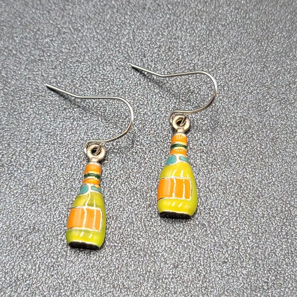 Pierced Earrings Multicolor Enamel Bottle Wine Soda Dangle 3/4"