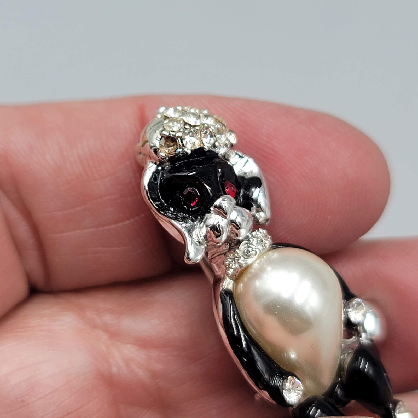 Vintage Poodle Dog Brooch Rhinestone Black White Silver tone 1.5"