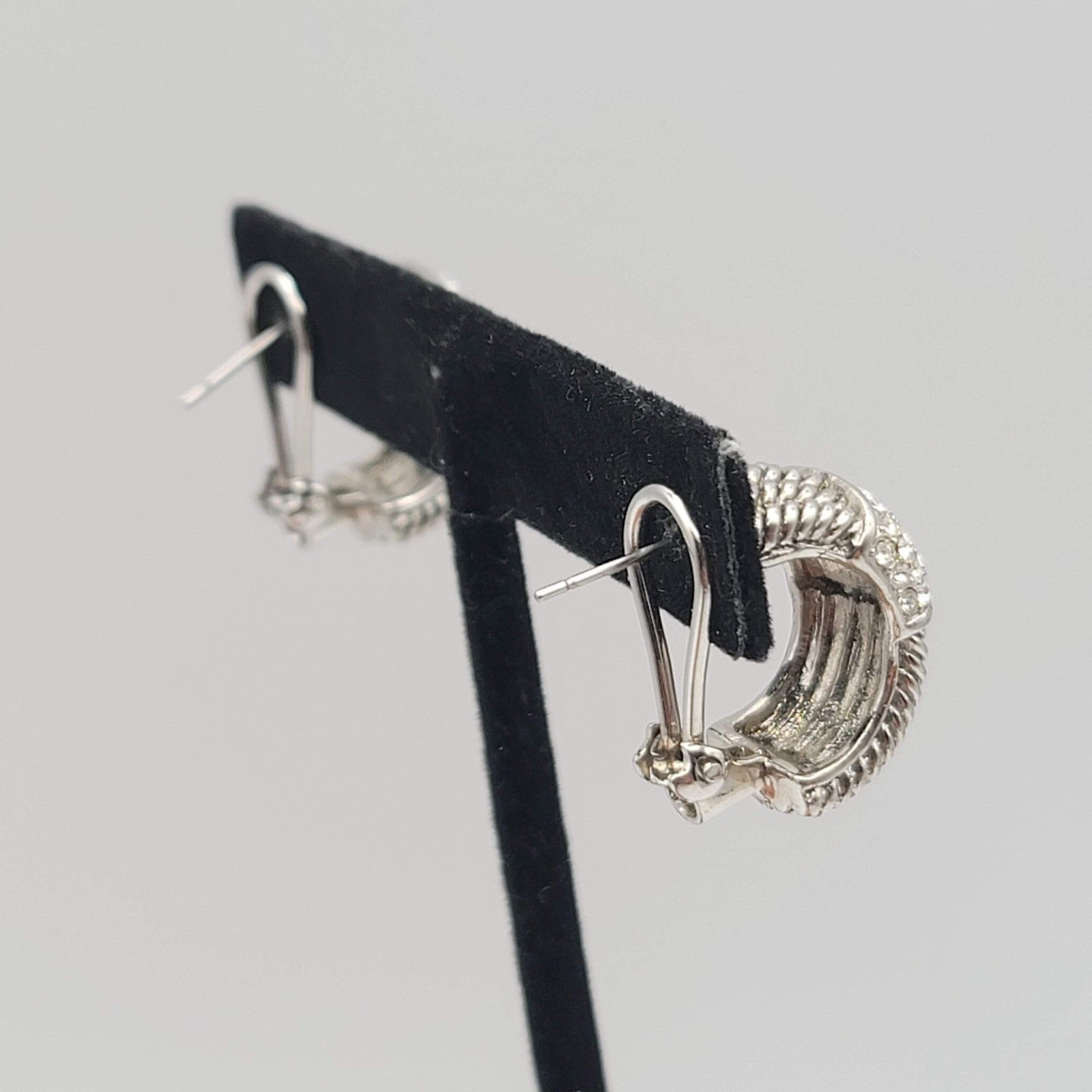 Crystal Pave Hoops Rope Design Pierced Earrings Silver tone Omega Back 3/4 in