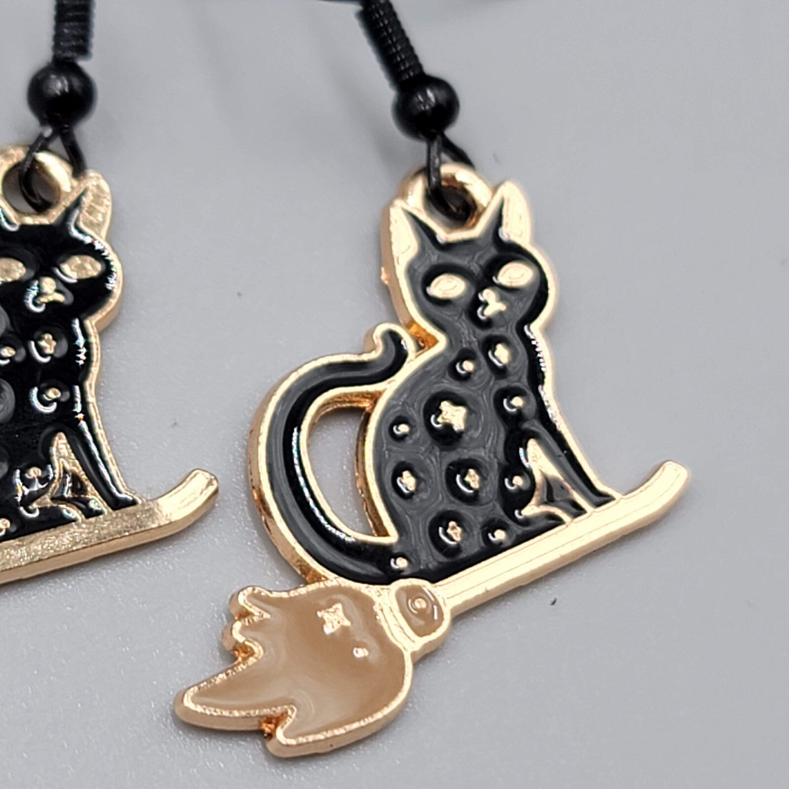 Black Cat Riding Broom Pierced Earrings Enamel Gold tone Dangle New 1"