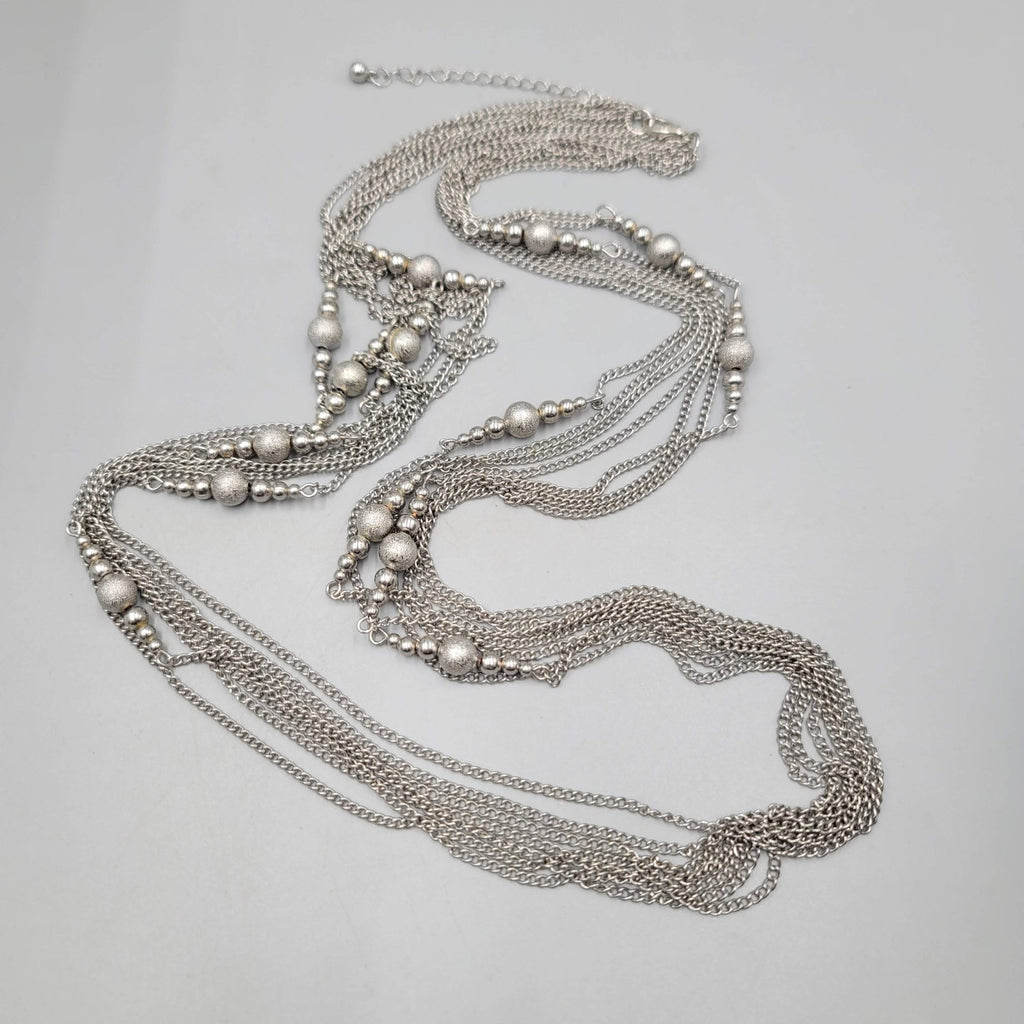 Multi Chain Silver tone Bead Necklace Extra Long 36"