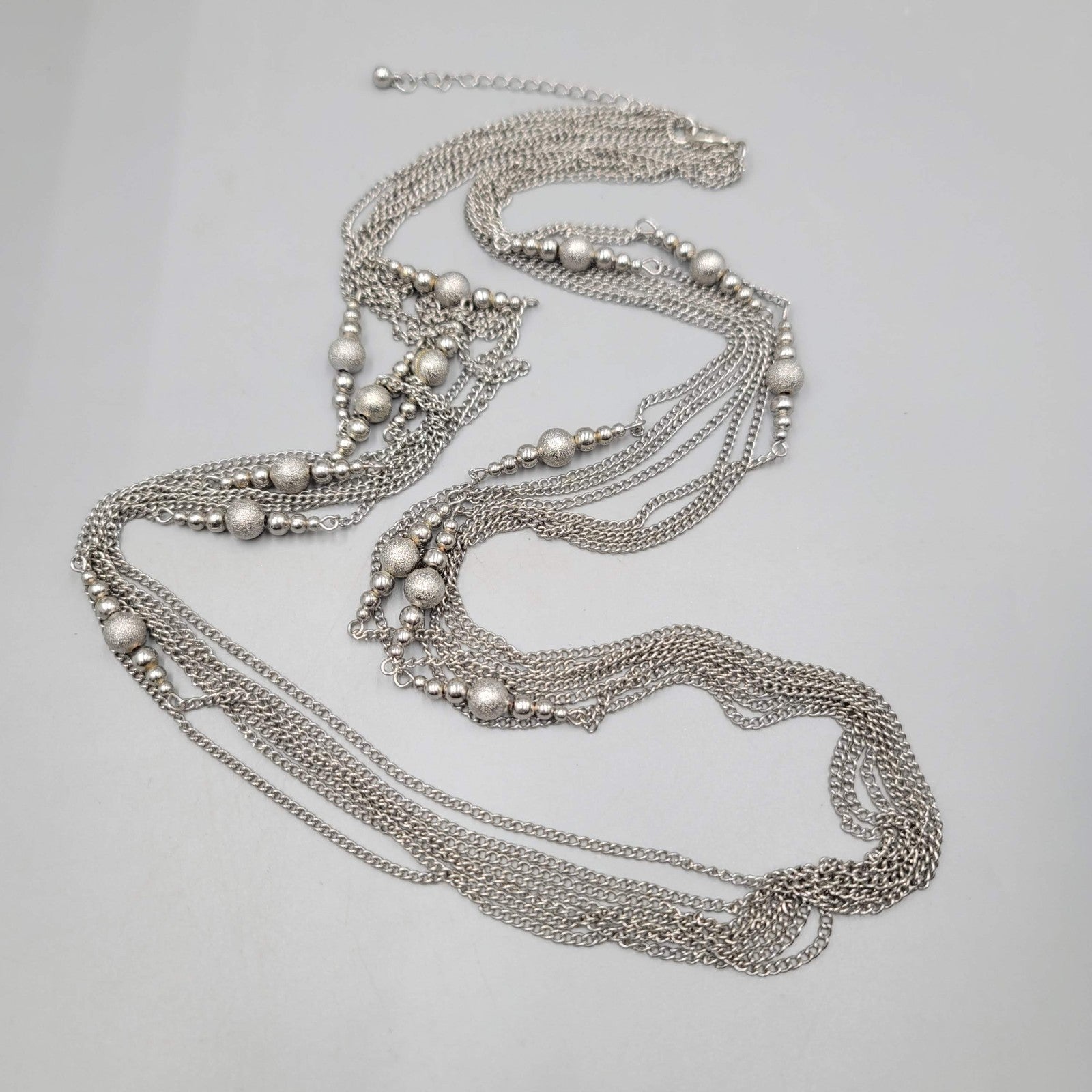 Multi Chain Silver tone Bead Necklace Extra Long 36"